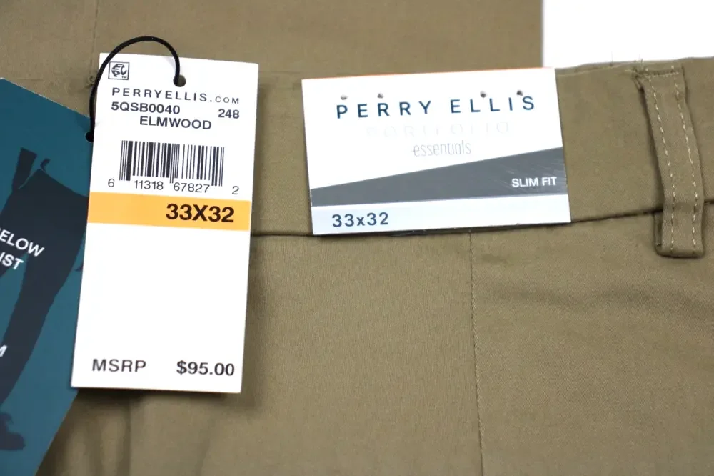Perry Ellis Portfolio Essentials Pants Mens Fits 31x32 Khaki Slim Fit Stretch